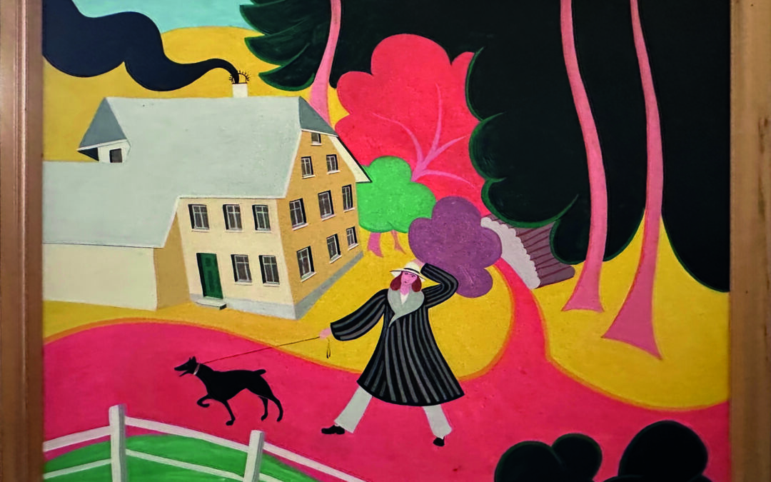 Framed colorful painting of a house with a woman in a long black dress walking a small black dog along a pink path, surrounded by bright abstract shapes and swirls.