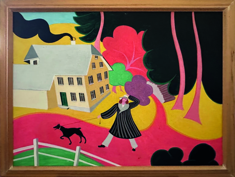 Framed colorful painting of a house with a woman in a long black dress walking a small black dog along a pink path, surrounded by bright abstract shapes and swirls.