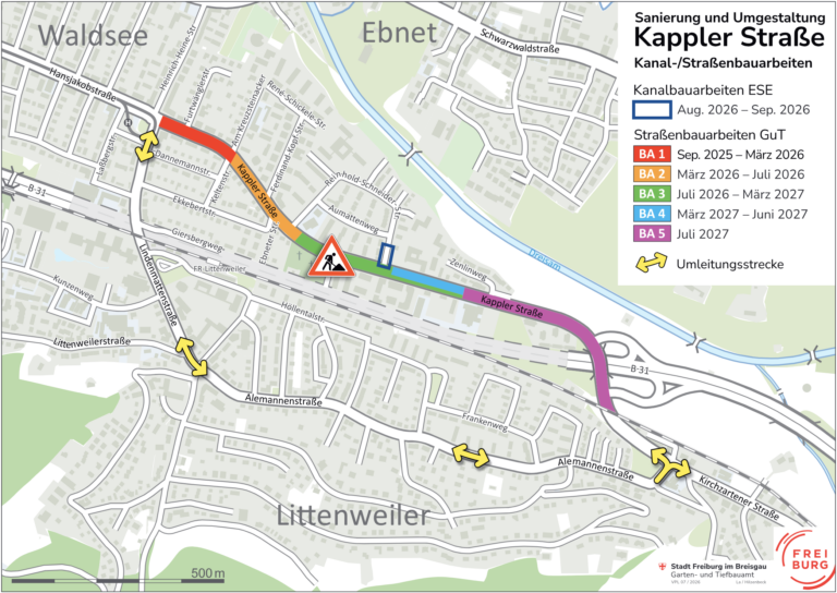 Map of a roadwork area in Freiburg: Kappler Straße closed with colored detour routes, yellow detour arrows, and a construction sign.