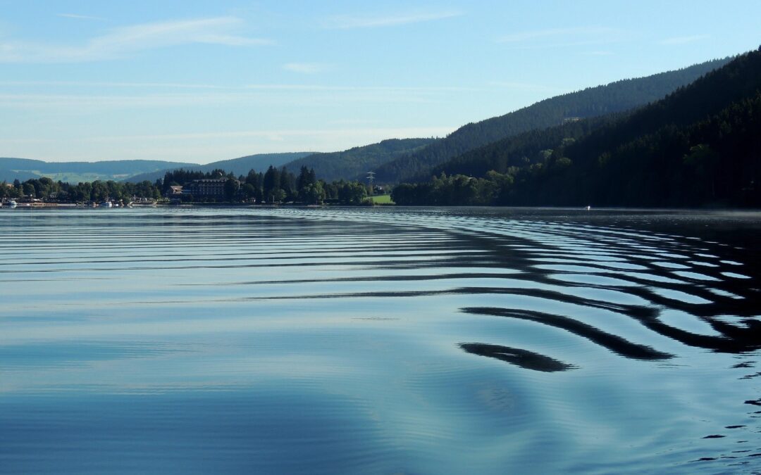 Calm lake with gentle ripples reflecting a blue sky, forested hills, and a small lakeside town on the left.