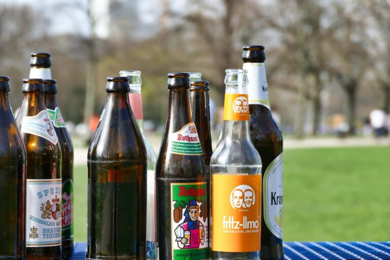 Row of beer bottles on a blue checkered table outdoors, labels facing the camera.