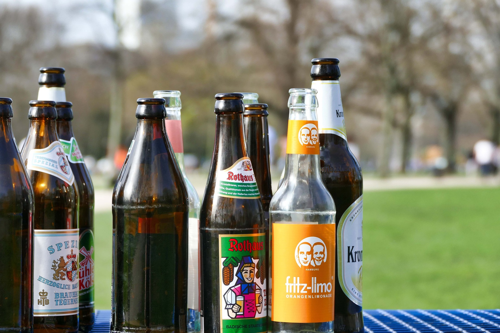 Row of beer bottles on a blue checkered table outdoors, labels facing the camera.