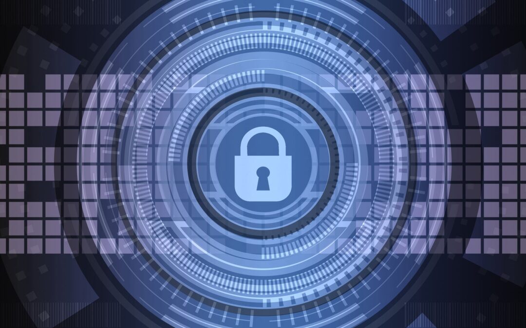Abstract digital lock icon in a blue circular security interface, representing data protection and cybersecurity measures