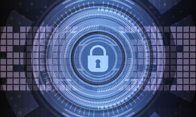 Abstract digital lock icon in a blue circular security interface, representing data protection and cybersecurity measures