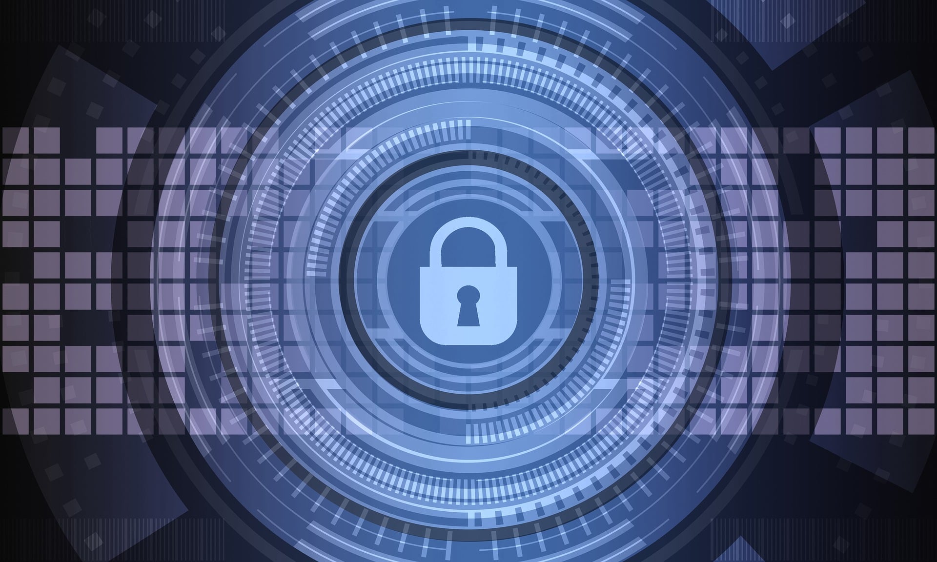 Abstract digital lock icon in a blue circular security interface, representing data protection and cybersecurity measures