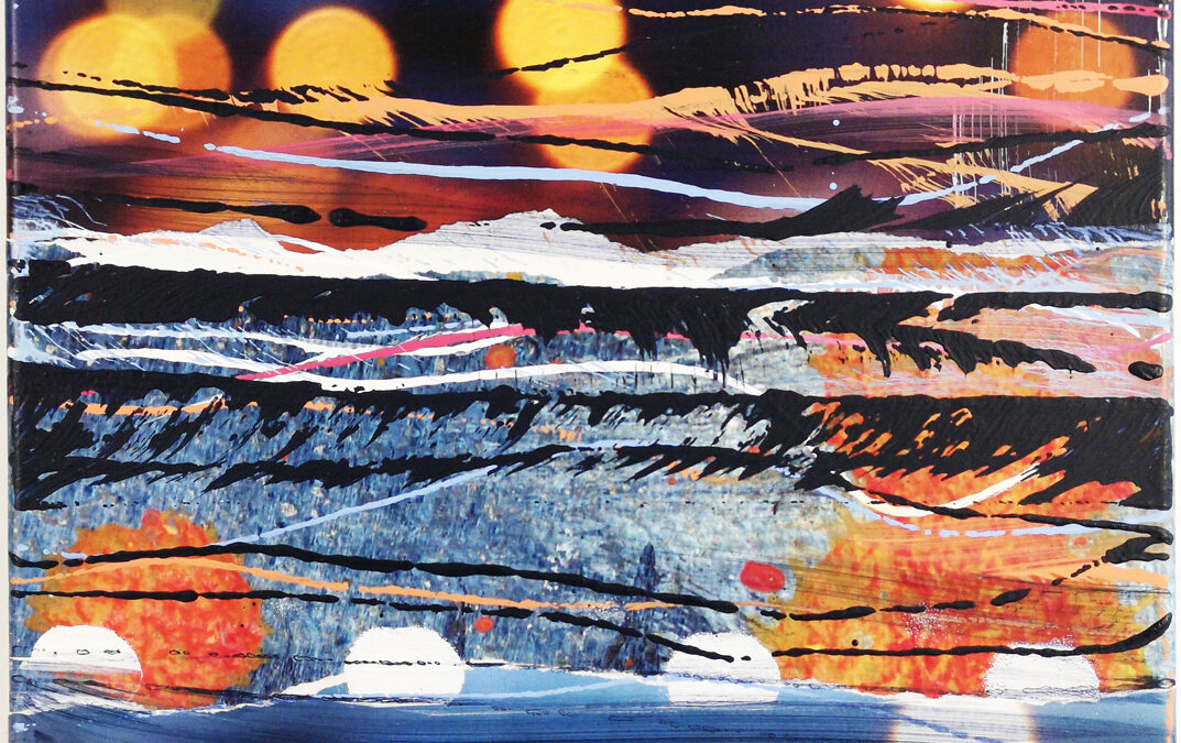 Abstract seascape at dusk: blue sky, orange sun reflections on choppy water, with bold streaks and splotches of color suggesting movement and energy