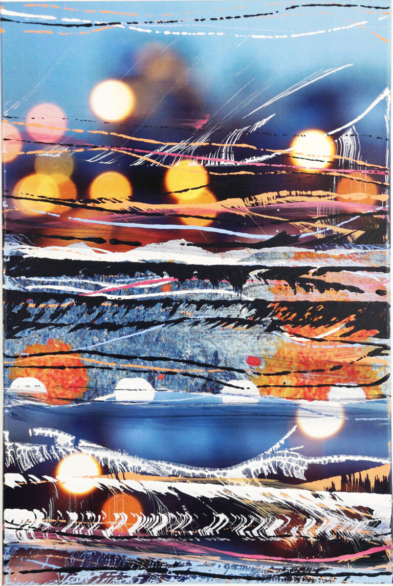 Abstract seascape at dusk: blue sky, orange sun reflections on choppy water, with bold streaks and splotches of color suggesting movement and energy