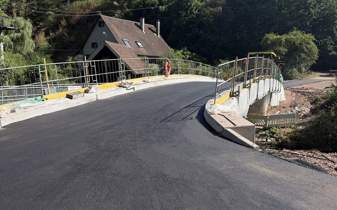 Freshly paved curved road on a hillside bridge with metal guardrails, a nearby house, and dense forest behind under a blue sky.