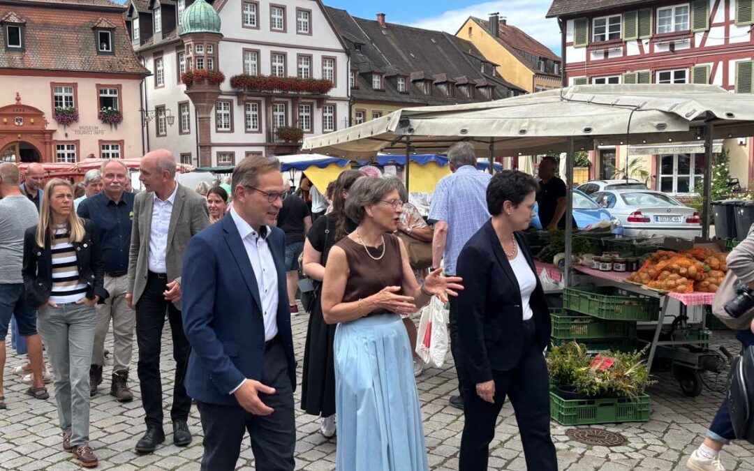 Group of adults walking through a European town square with market stalls and historic timber-framed buildings in the background.