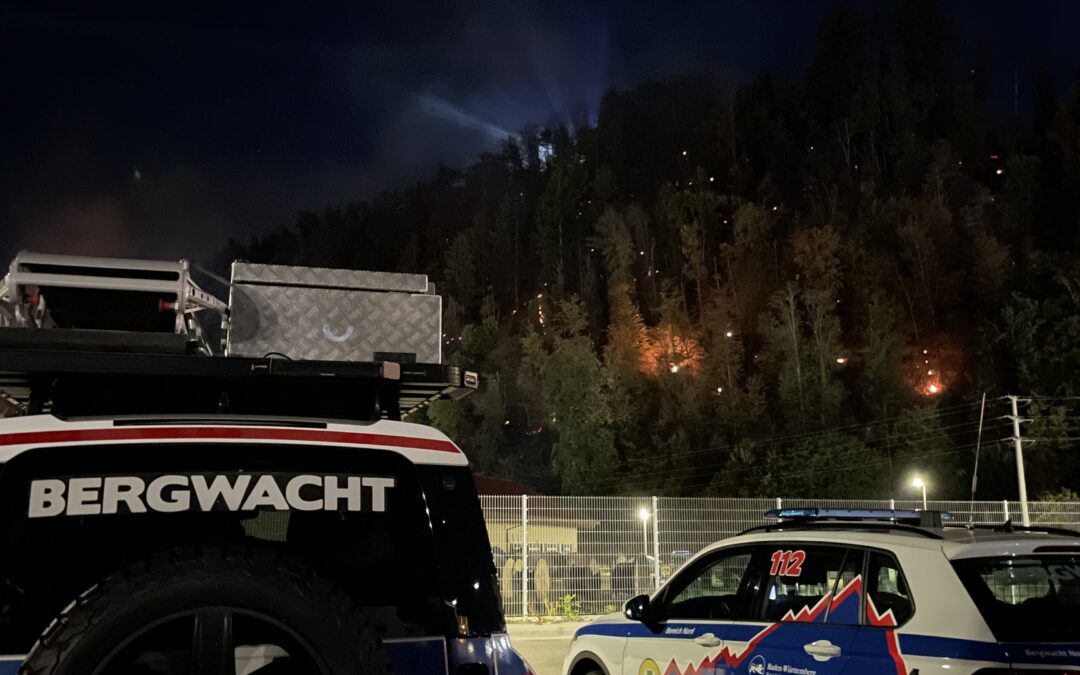 Nighttime view of emergency vehicles in a parking area, with a forest fire burning on the hillside in the background and blue lights nearby.