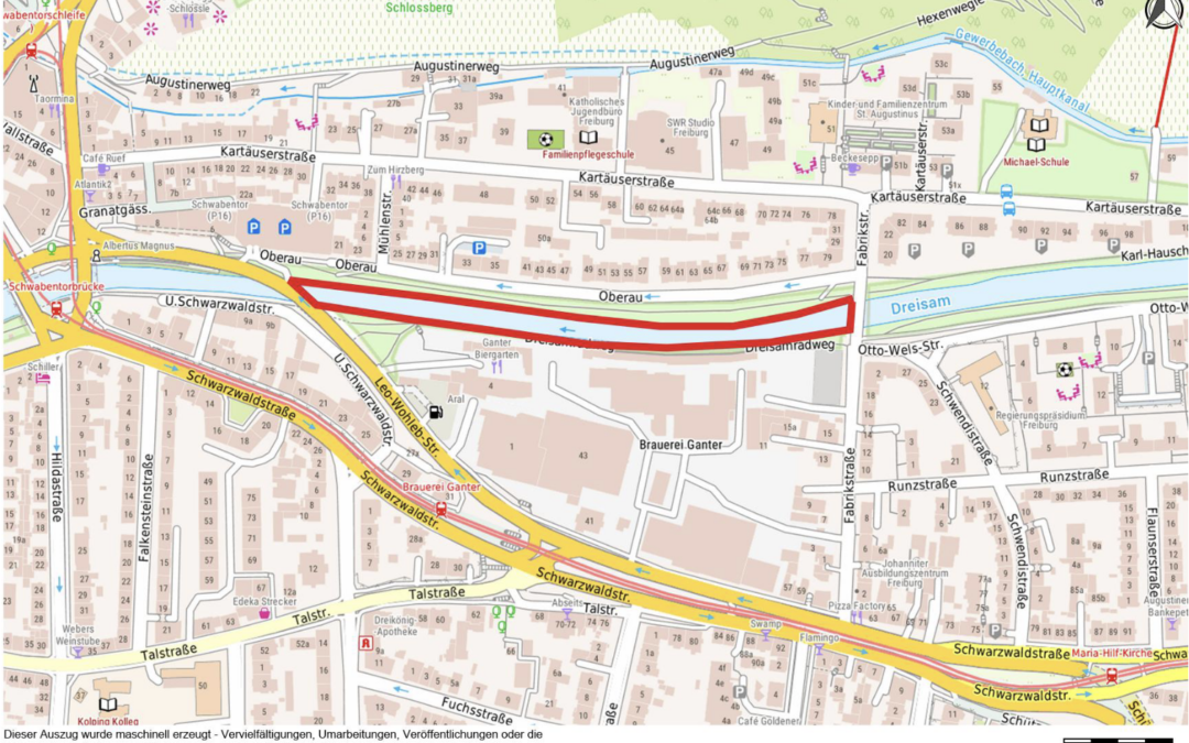 City map highlighting a red curved route along the Dreisam river, running from the Oberau area toward the Dreisamstraße area in Freiburg.