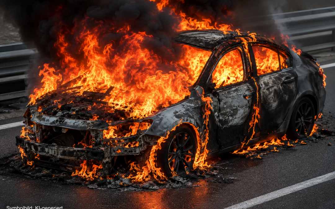 Car ablaze on a highway, flames engulfing the front and cabin while smoke rises, a metal guardrail in the background.