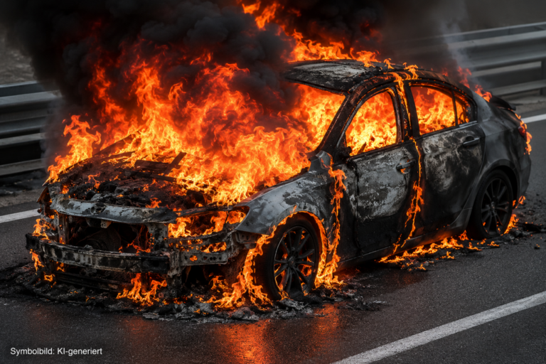 Car ablaze on a highway, flames engulfing the front and cabin while smoke rises, a metal guardrail in the background.