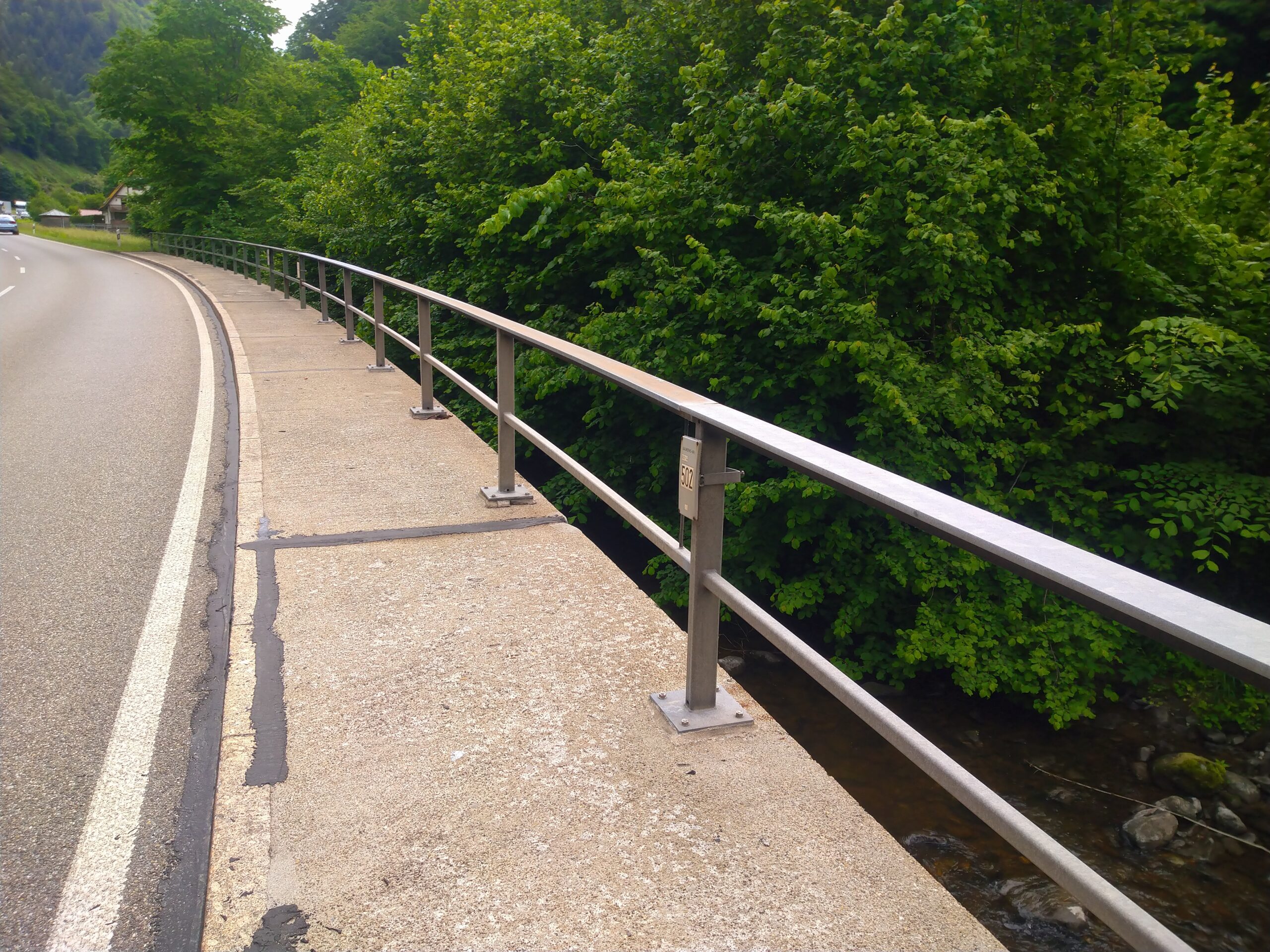 Curved road and sidewalk on a bridge with metal railing, dense green trees on the right and a river below the gap between rails.