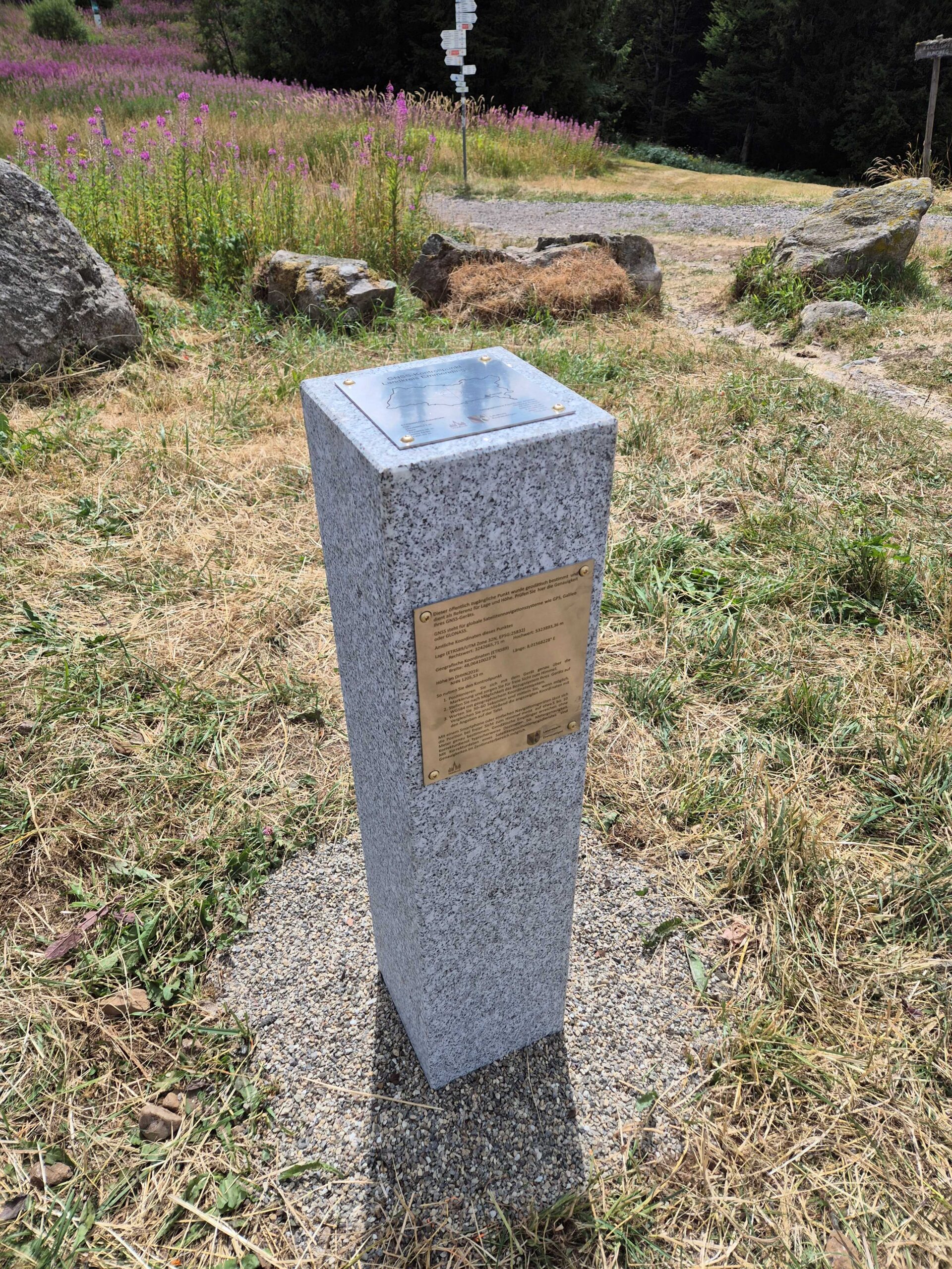 Granite pedestal with a bronze plaque in a grassy, rocky park area; wildflowers and a signpost visible in the background.