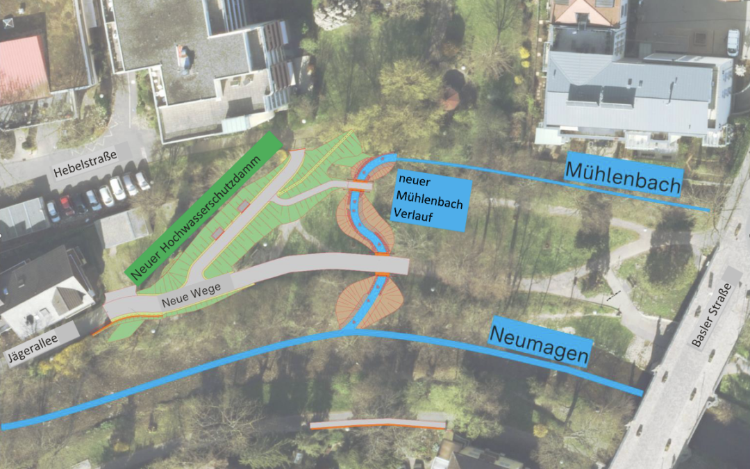 Aerial plan of a site showing a new flood‑protection dam (green) and a blue Mühlenbach route labeled with Neumagen and new paths; surrounding streets labeled Herculesstraße and Basler Straße.