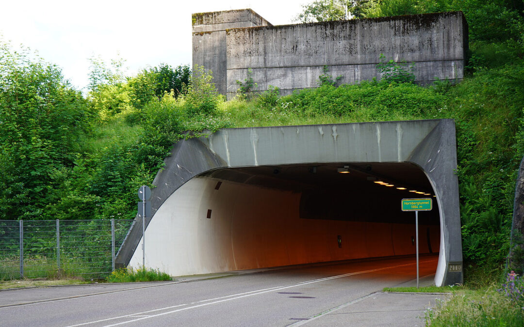 Road tunnel entrance through a grassy hillside; concrete arch with vegetation and a sign reading Hornbergtunnel 1884 m.