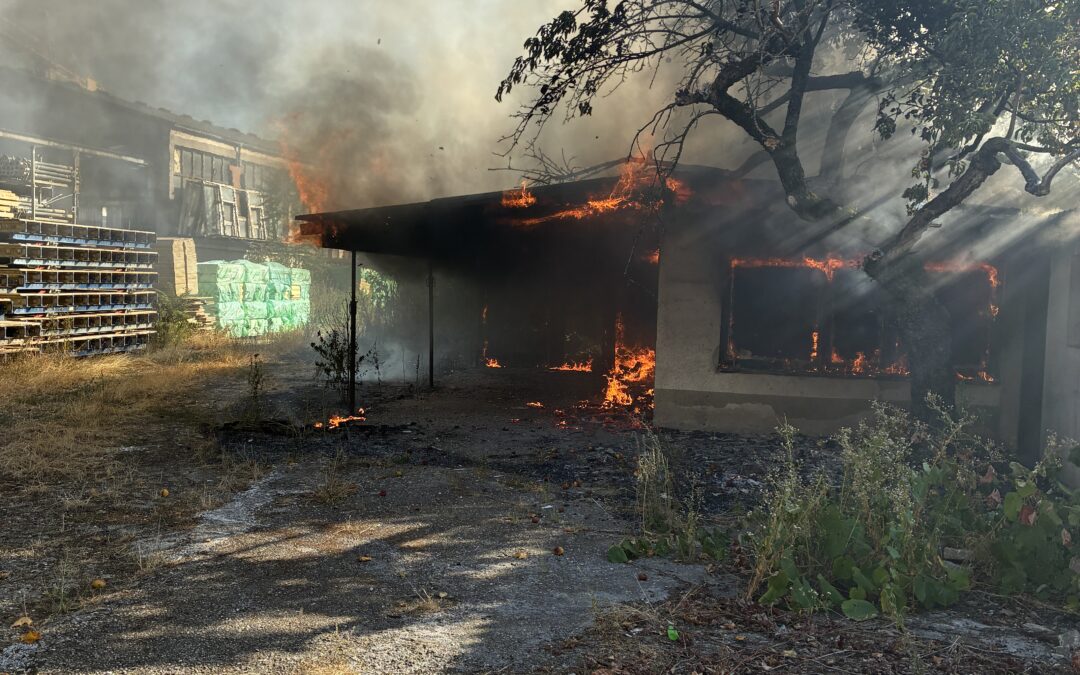 A small building is on fire with flames along the roof and a large plume of smoke rising, while a tree stands nearby and pallets are stacked to the left in an outdoor yard.
