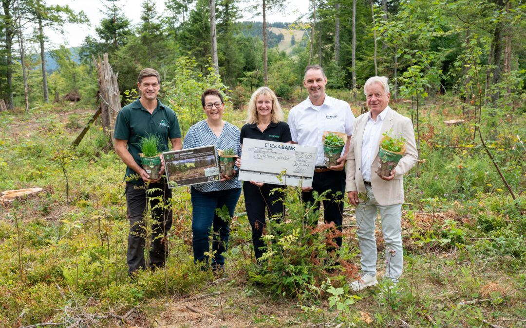 Five adults stand in a forest clearing, smiling and holding potted plants and a large donation check for a reforestation project.