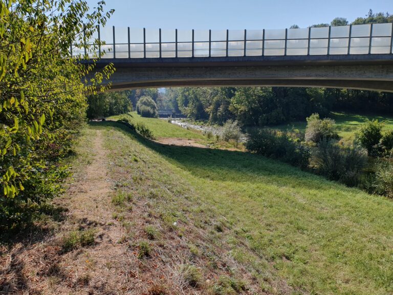 Concrete arch bridge spans a calm river, with a grassy riverside path and trees on both sides under a clear blue sky (sunny day).