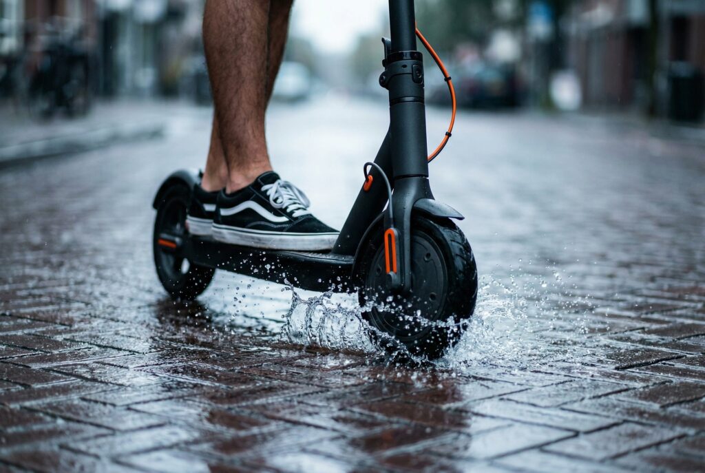 Person rides an electric scooter on a wet cobblestone street, splashing water with the front wheel.