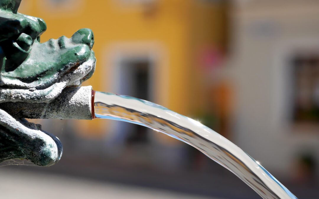 Close-up of a green dragon fountain spouting water in an outdoor plaza.