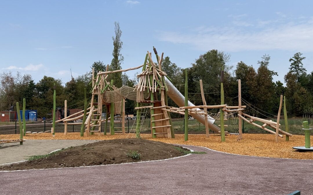 Wooden climbing structure with logs, tunnels and a slide in a playground, on wood-chip ground with trees in the background, under a blue sky.