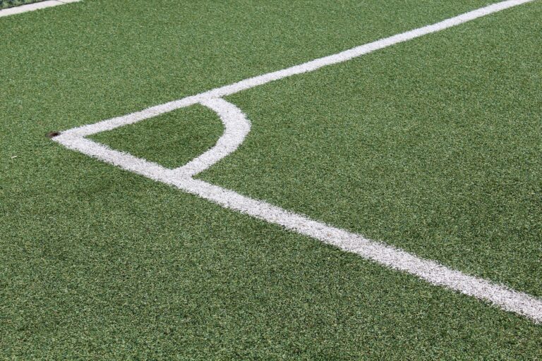 Close-up of artificial turf showing a white curved boundary line forming a corner on a sports field.
